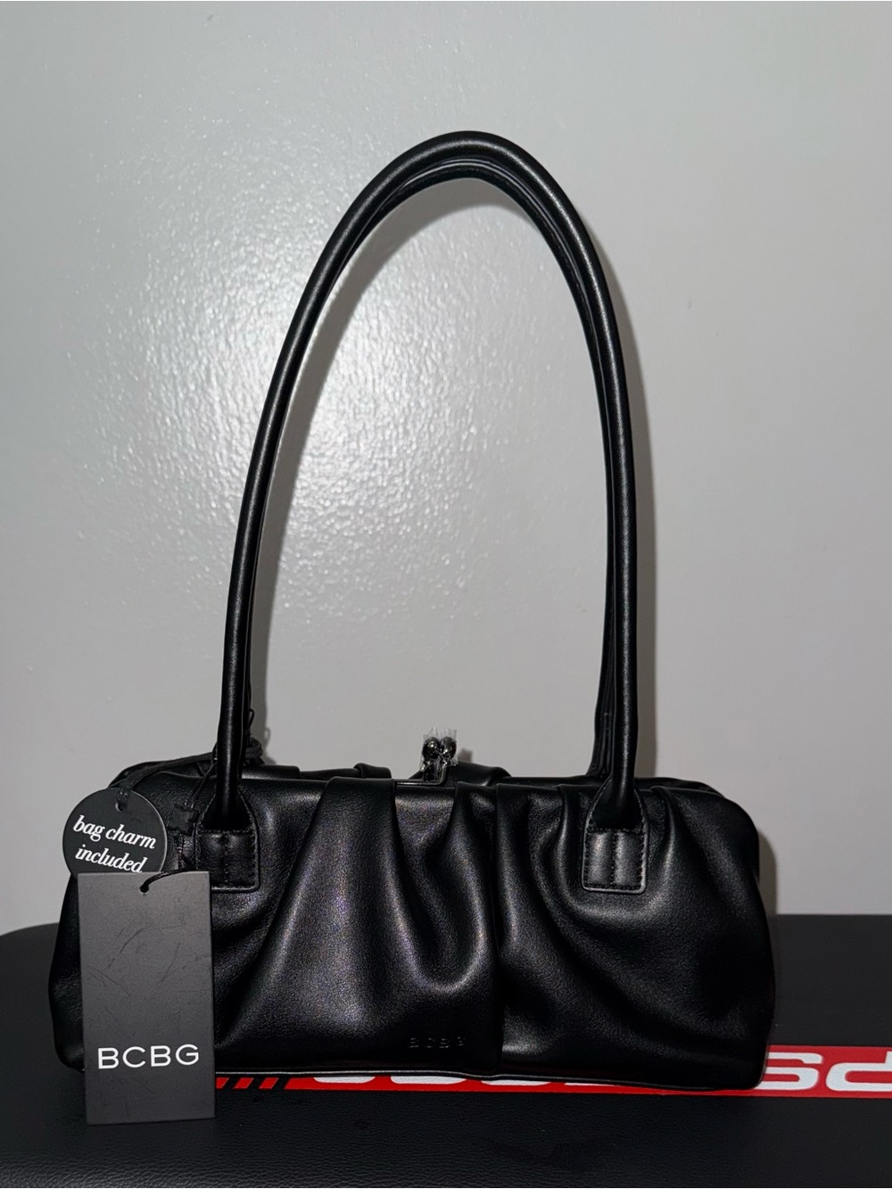 BCBG Black Gathered Faux-Leather Shoulder Bag with Charm